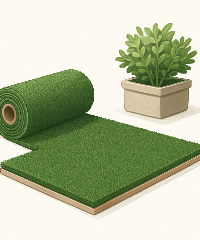 Kunstrasen für Garten und Terrasse – KI-Sortimentsillustration
