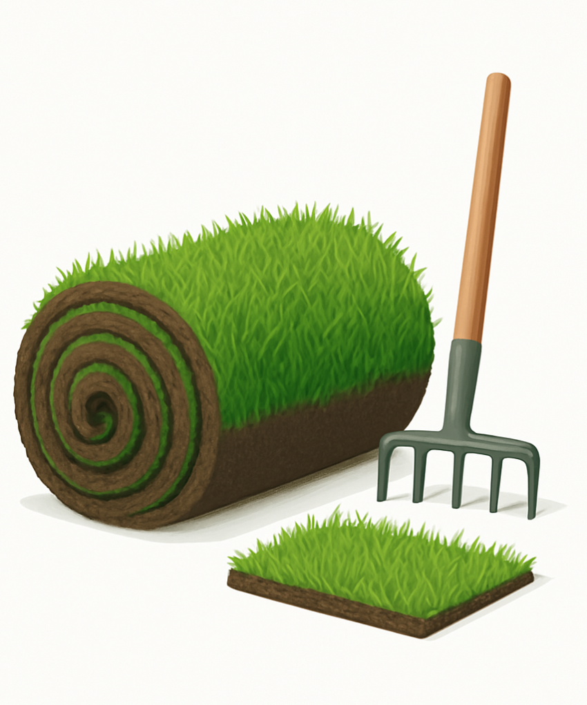 Premium-Rollrasen – KI-Sortimentsillustration