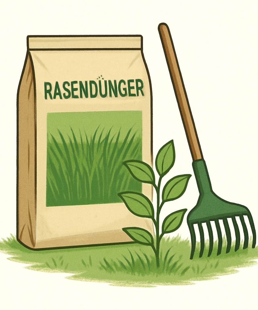 Rasendünger zur Pflege – KI-Sortimentsillustration