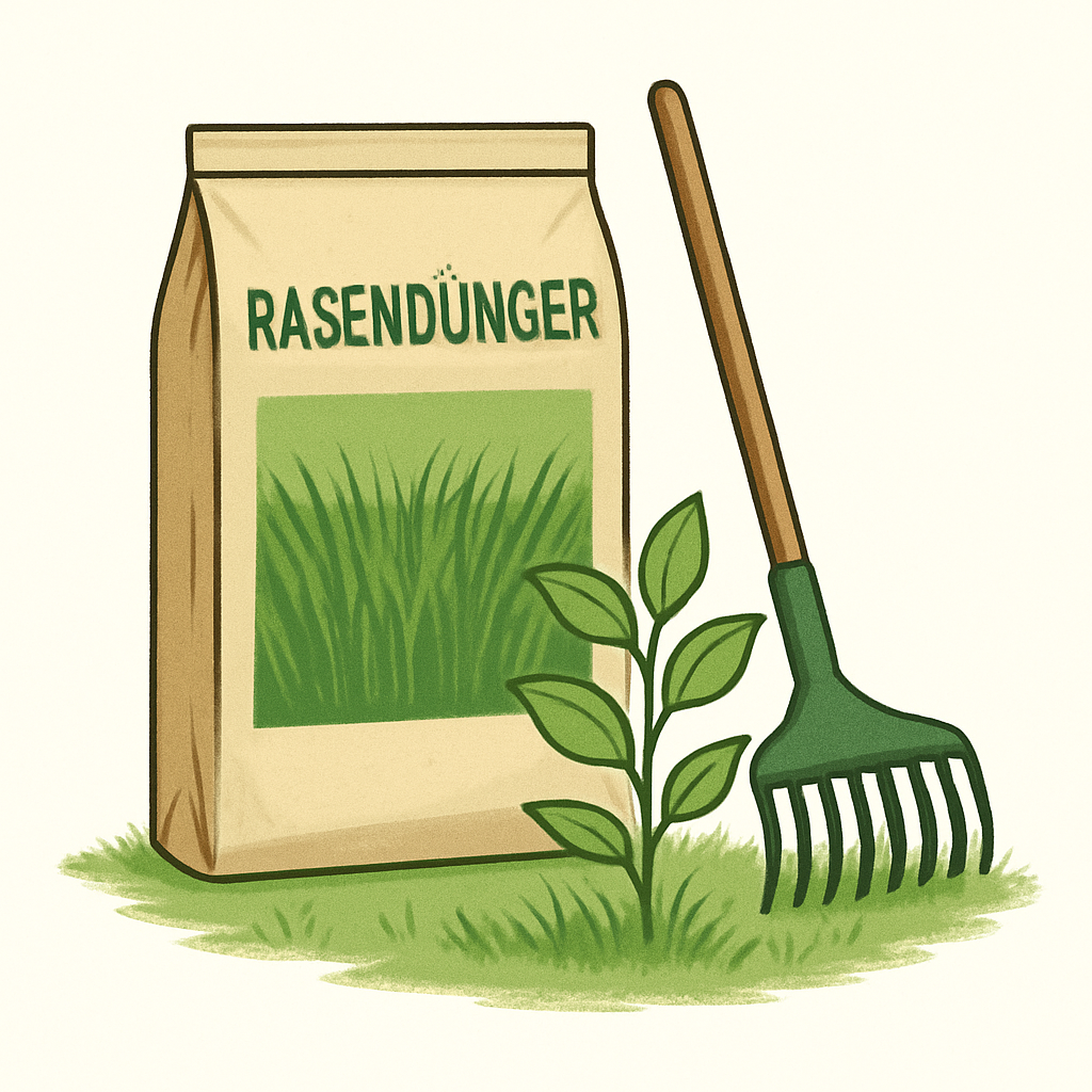 Rasendünger zur Pflege – KI-Sortimentsillustration